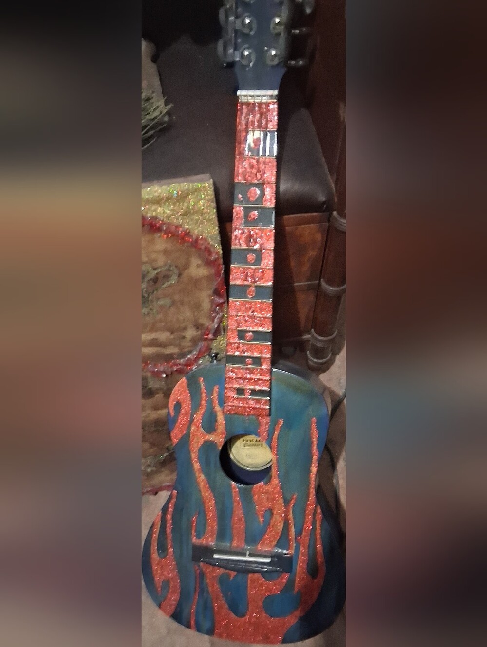 Blue Acoustic Guitar with Red Glitter Flame Design